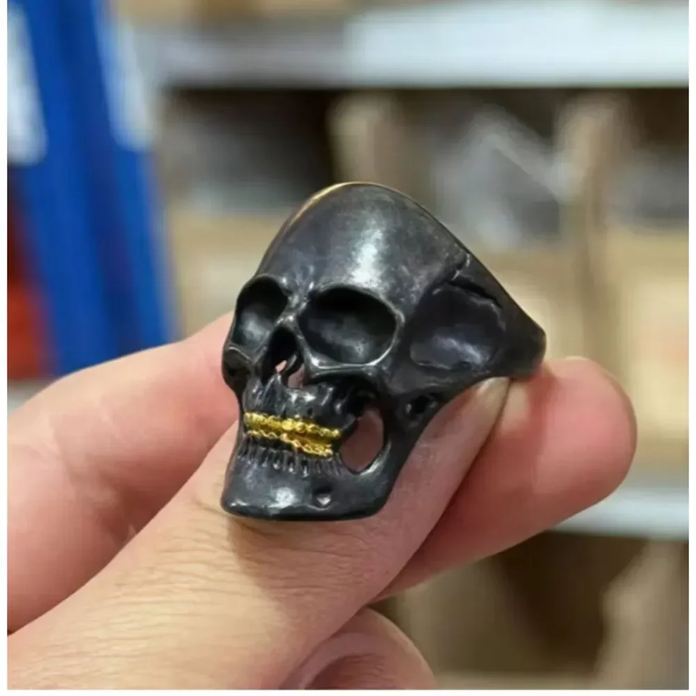 Men's Black Skull Gold Teeth Ring Size 10